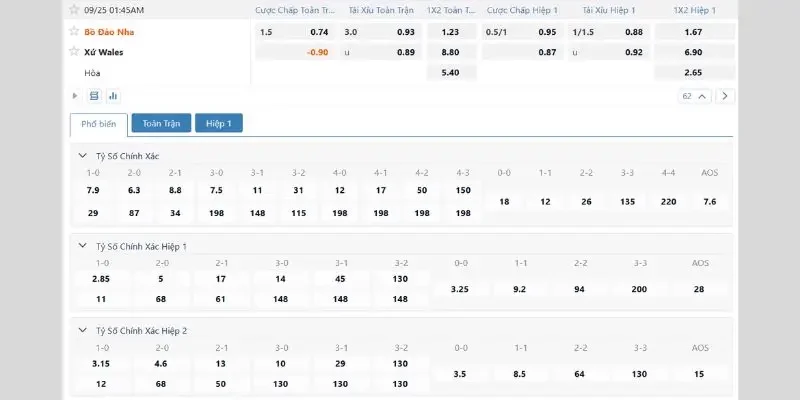 Bảng tỷ lệ kèo Bồ Đào Nha vs Wales vòng 1 Nations League